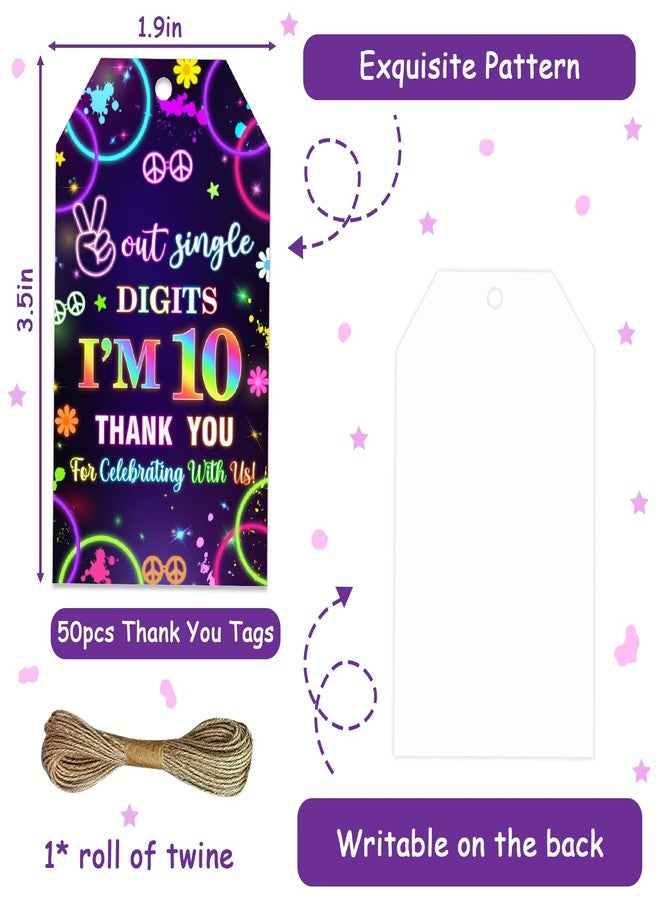 Serencatcher 50Pcs Out Single Digits I'm 10 Thank You Tags for Party Favors, Neon 10th Birthday Decorations Thank You Gift Tags with String Goodie Bag Name Tag for Boy 10th Birthday Party Supplies - Image 4
